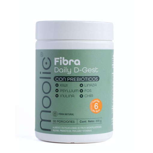 Fibra Digestiva Prebiótica Con Psyllium Y Chía Sabor Natural  Moolic Tarro x 300 Gr Fibra prebiótica 300g kiwi jengibre con psyllium, chía, linaza e inulina. Mejora digestión, regula tránsito intestinal y aumenta saciedad. Apoya microbiota, reduce gases e inflamación. Sin azúcar. Reg