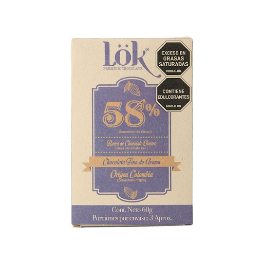 Chocolate Lok 58% Sin Azúcar Origen Colombia x 60 gr 