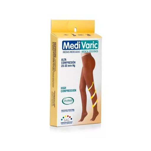 MEDIA CADERA 20/30 DL OPACA T S BEIGE MEDIVARIC  x 1 Media de compresión alta (2030?mmHg) de uso hasta la cadera, con diseño opaco y puntera abierta. Indicada para el tratamiento de várices, fatiga, hinchazón y molestias circulatorias. Su compresión gr