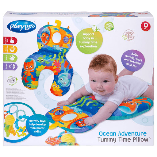 Almohada Para La Barriga Ocean Adventure PlayGrow Caja x 1 La Almohada para la Barriga Ocean Adventure es el compañero ideal para estimular el desarrollo de tu bebé desde sus primeros meses. Diseñada para fomentar el tiempo boca abajo, fortalece los músculos 