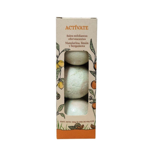 Sales efervescentes Actívate con aceites esenciales de mandarina, limón y bergamota x 3 unidades - 120 gr El Jardín de Eva  Caja x 1 Nuestras Sales Efervescentes Actívate, con una mezcla revitalizante de aceites esenciales de Mandarina, Limón y Bergamota, son perfectas para el momento del baño. Al entrar en contacto con el agua, li