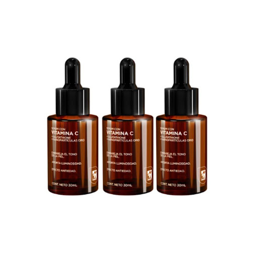 Pack x 3 Serum Vitamina C Farmatodo Con Ácido Ferúlico X 30 Ml FARMATODO Botella x 3 Sérum Vitamina C ($30 \text{ ml}$). Diseñado para el cuidado antiedad y para contribuir a la luminosidad. Su fórmula incluye Glutatión y Nanopartículas de Oro, que pueden ayudar a emparejar el tono de