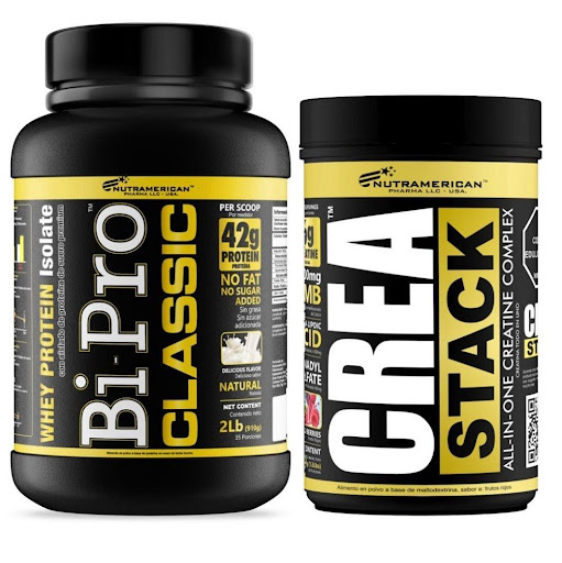 Combo Proteina Bipro Classic Natural 2 lb + Creatina Crea Stack 1.3 LB NUTRAMERICANPHARMA Tarro x 2 Lb (910g) y 1.3 Lb (600g) Combo para para máxima fuerza y ​​volumen muscular, se compone de 1 Bipro Classic 2 lb, es una proteína de suero de alta pureza y concentración, con mínimos niveles de grasa y lactosa. 1 Crea Stack, e