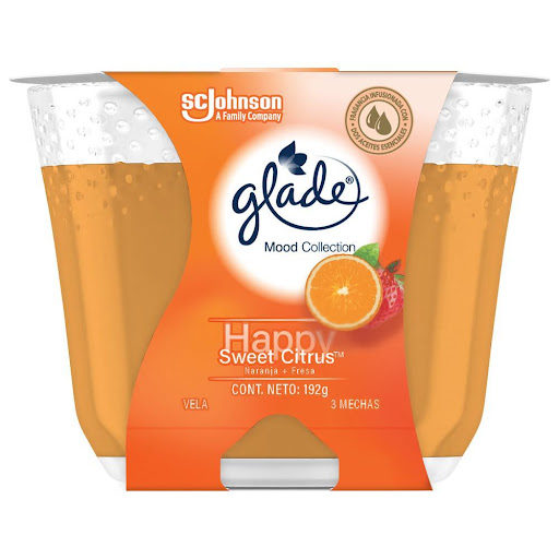 Glade Vela 3 Mechas Aromatizante Happy Sweet Citrus 192g SCJ Vela aromatizante 3 mechas x 1 Glade® "Mood Collection" Descubre la nueva colección de Glade: Mood Collection, inspirada en fragancias únicas, pensadas exclusivamente para tu estado de ánimo y cualquier rutina de cuidado diario. Cr