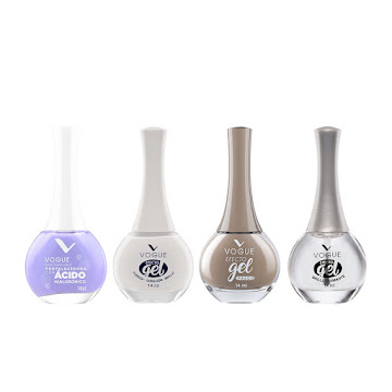 Combo Esmaltes Vogue Efecto Gel Base fortalecedora + Paz + Suspicaz + Brillo Diamante  