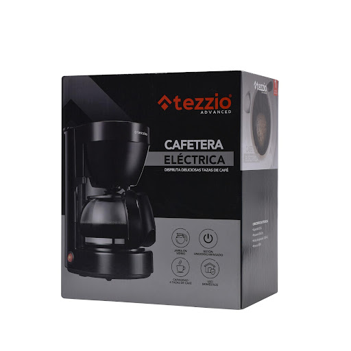 Cafetera Tezzio con Filtro Removible 6 Tazas Tezzio Caja x 1 Cafetera Tezzio: compacta, elegante y perfecta para espacios reducidos como oficinas, dormitorios o cocinas pequeñas. Con capacidad de 0.65 L y operación sencilla gracias a su interruptor de encendido
