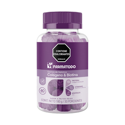 Gomas Farmatodo Colageno Hidrolizado + Biotina + Vitamina E 133 mg/100µg/6,6mg Frasco x 60 und