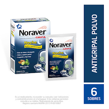 Noraver Gripa Noche Panela Limón Ibuprofeno + Fenilefrina + Cetirizina 200/10/3,33mg Caja x 6 Sobres  