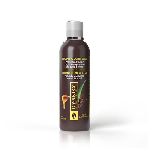 Exfoliante de Café, Aloe y Miel LOSANIKA 250g x 1 Exfoliante con microgránulos herbales de café arábica, aloe y miel que elimina células muertas y mejora la textura al instante. Ayuda a iluminar, suavizar y prevenir imperfecciones. Apto para rostro y