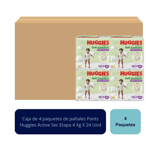 Pañales Pants Active Sec Etapa 4 XG x 24 Und Huggies  Caja x 4 Pañales Pants Active Sec Etapa 4, con suave cintura acolchonada ayuda a prevenir marcas rojas y protege a tu bebe con hasta 12 horas de absorción, fácil de poner y quitar. Pañales Pants Active Sec fác