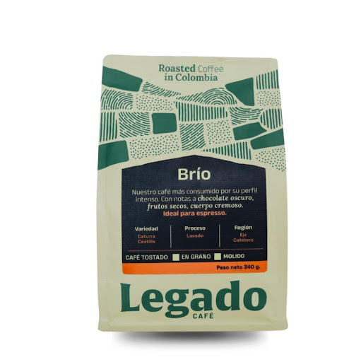 Café Brio, tostado en grano.  Legado Café® Bolsa trilaminada para café x 1 
