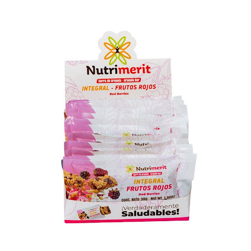 Barra de Granola Integral Frutos Rojos Nutrimerit Caja x 12 Caja por 12 unidades de Barras de Granola Integral Frutos Rojos Nutrimerit por 360g. Ingredientes: maní, arroz integral, semillas de girasol, nueces, arándanos, quinua, mora, miel de caña, glucosa, ña