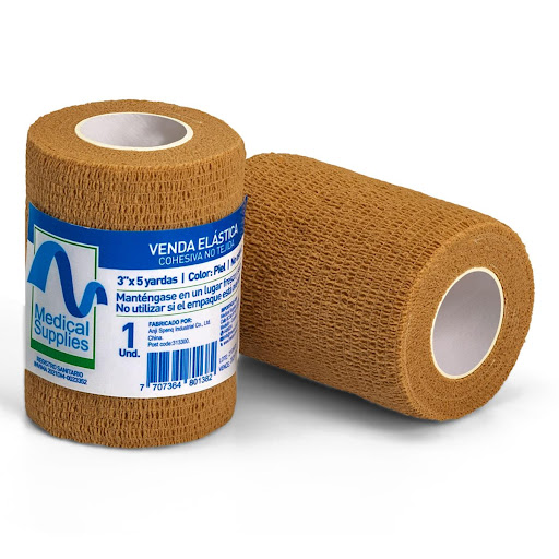 VENDA ELASTICA COHESIVA NO TEJIDA 3X5 PIEL (PAQ X2) MEDSUP PAQUETE x 2 Venda elástica no tejida, autoadherente y transpirable, que se adhiere a sí misma sin pegarse a la piel ni a otros materiales. Elaborada con tela de algodón puro y caucho natural, es hipoalergénica, l