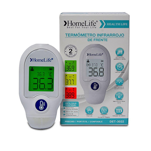 TERMÓMETRO INFRARROJO DE FRENTE HOMELIFE HOMELIFE CAJA x 1 El termómetro infrarrojo sin contacto HOMELIFE  cuenta con un sensor infrarrojo especial que captura el calor corporal, registra y muestra la lectura en la pantalla. Además, a diferencia de los termóm